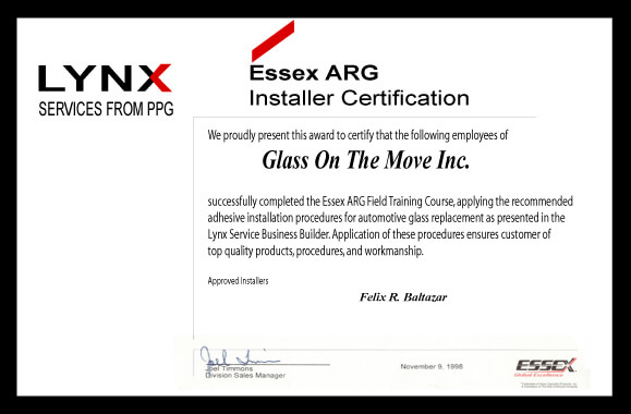 LYNX Service from PPG Essex ARG Installer Certification for Glass on the move Inc